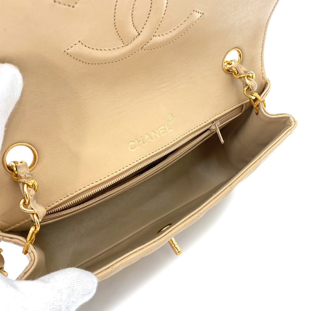 CHANEL VINTAGE HALF MOON CHAIN SHOULDER BAG BEIGE LAMB SKIN 90247188