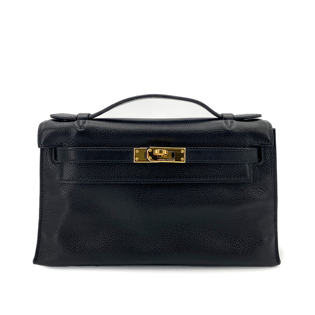 HERMES KELLY POCHETTE SELLIER BLACK EVERGRAIN HAND BAG □H GHW 90247192