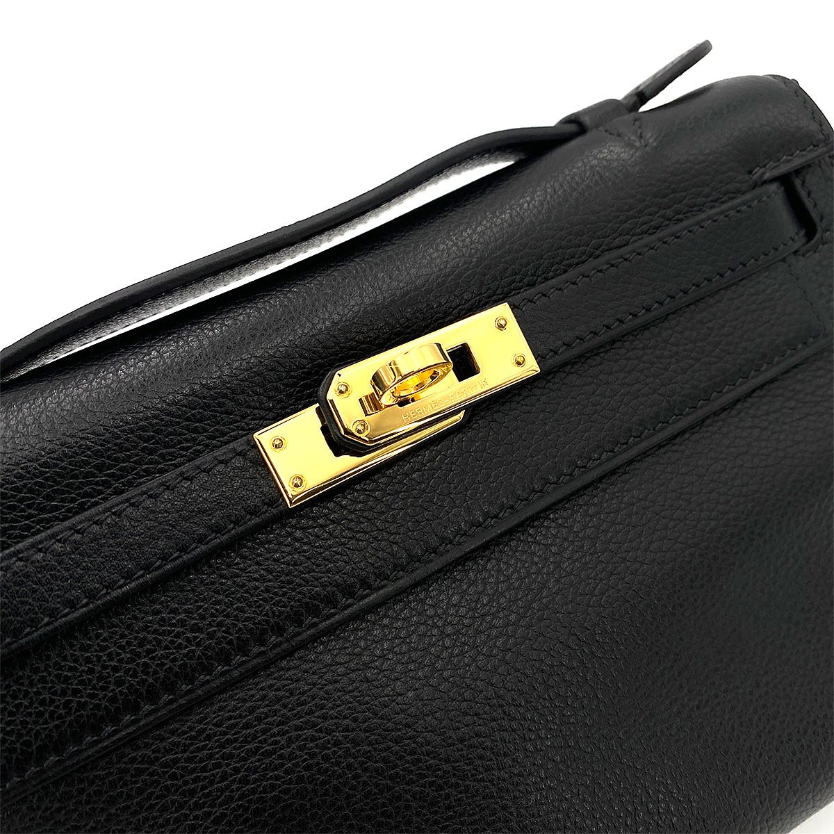 HERMES KELLY POCHETTE SELLIER BLACK EVERGRAIN HAND BAG □H GHW 90247192