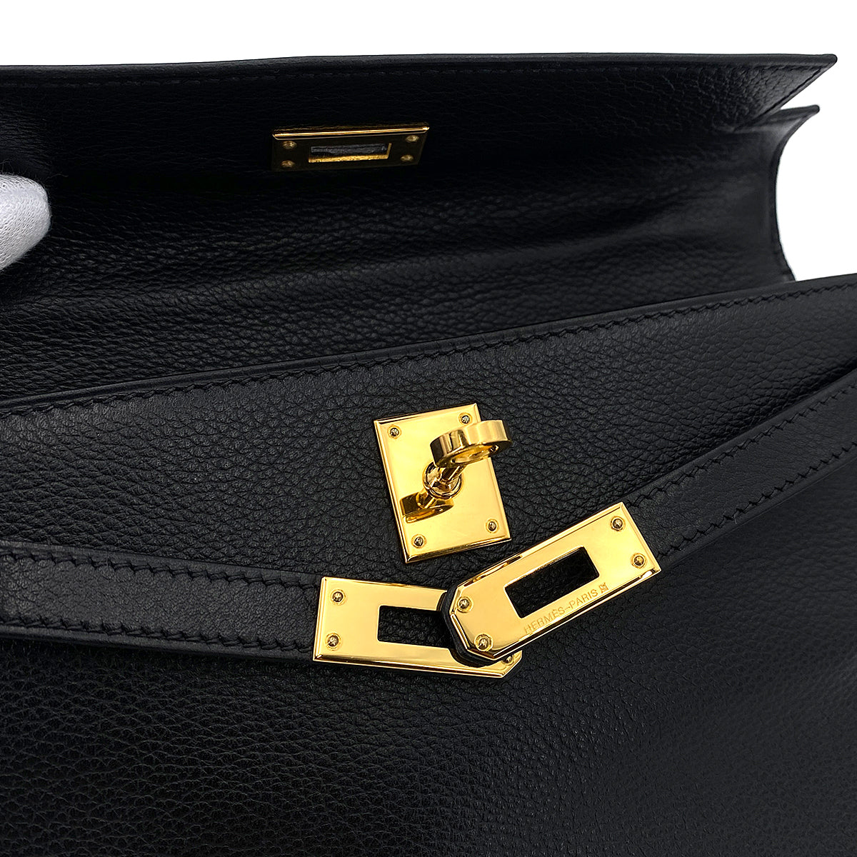 HERMES KELLY POCHETTE SELLIER BLACK EVERGRAIN HAND BAG □H GHW 90247192
