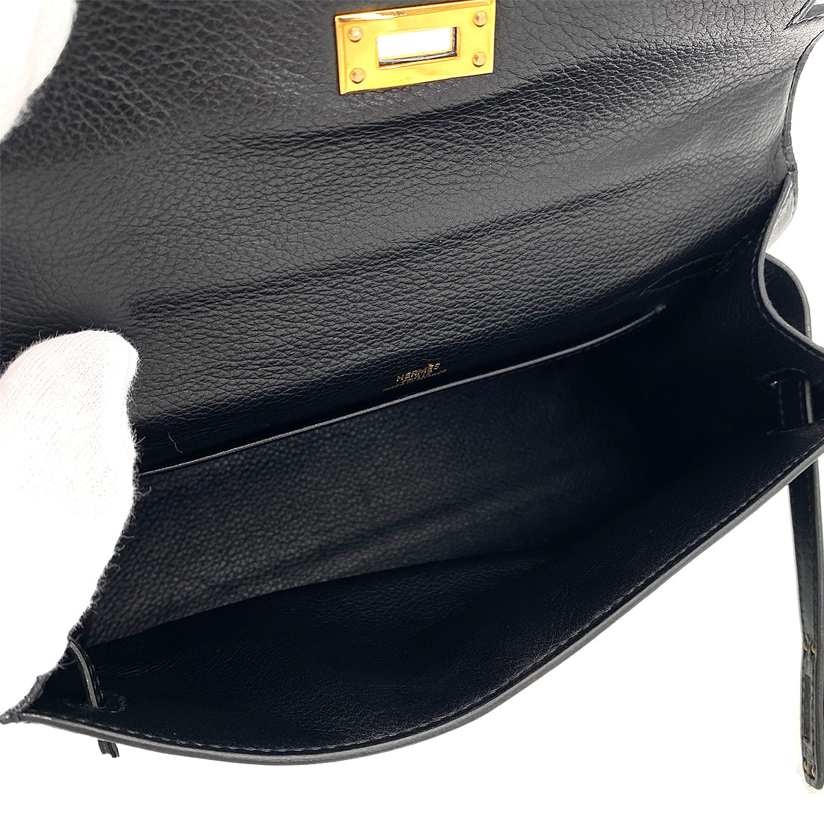 HERMES KELLY POCHETTE SELLIER BLACK EVERGRAIN HAND BAG □H GHW 90247192