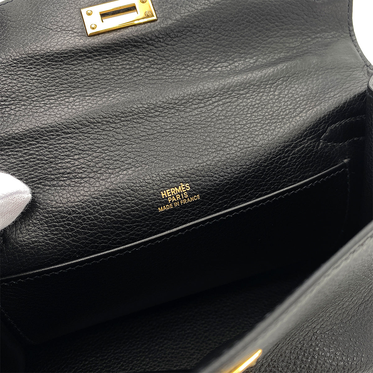 HERMES KELLY POCHETTE SELLIER BLACK EVERGRAIN HAND BAG □H GHW 90247192