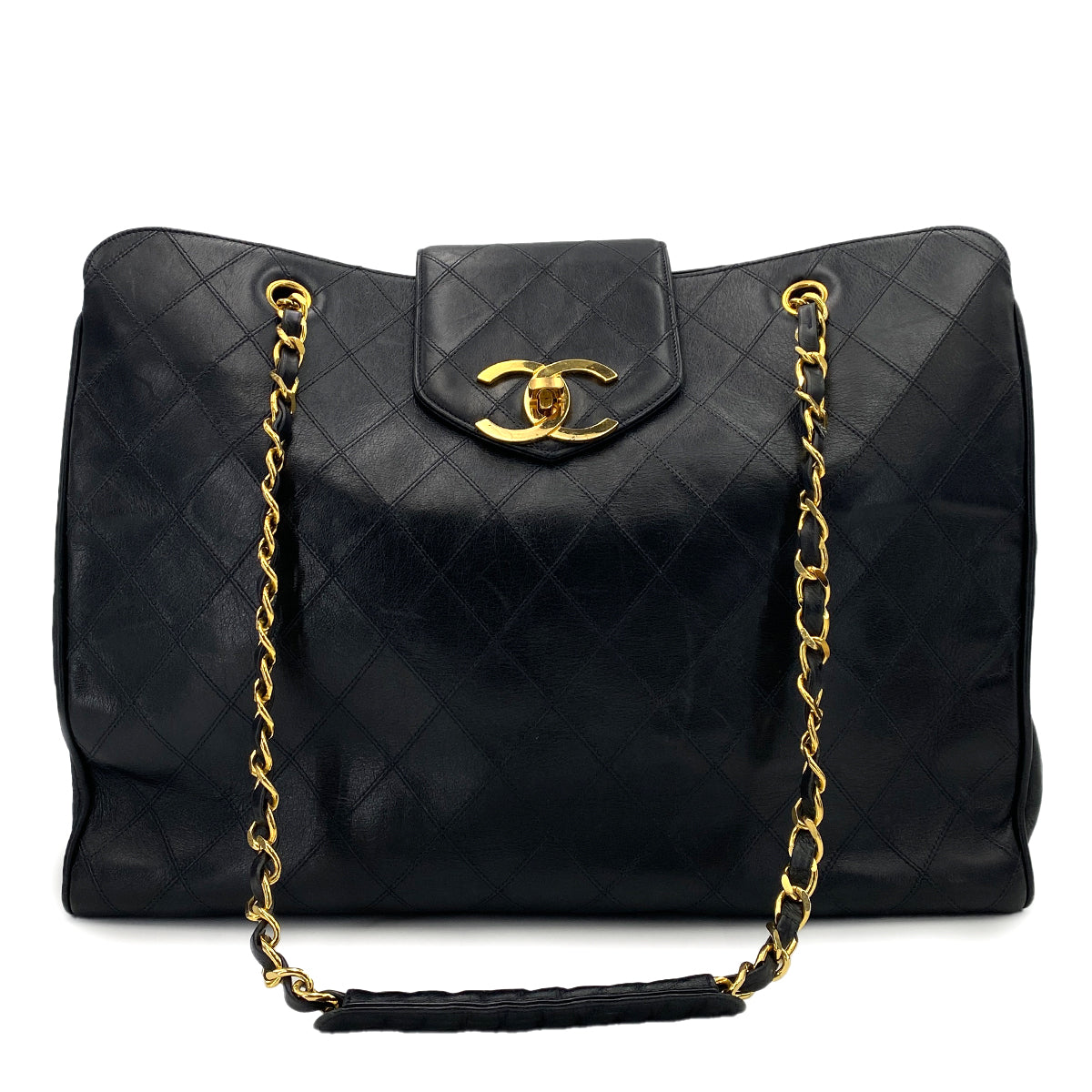 CHANEL VINTAGE SUPER MODEL BICOLORE CHAIN TOTE BAG BLACK LAMB SKIN 90247298
