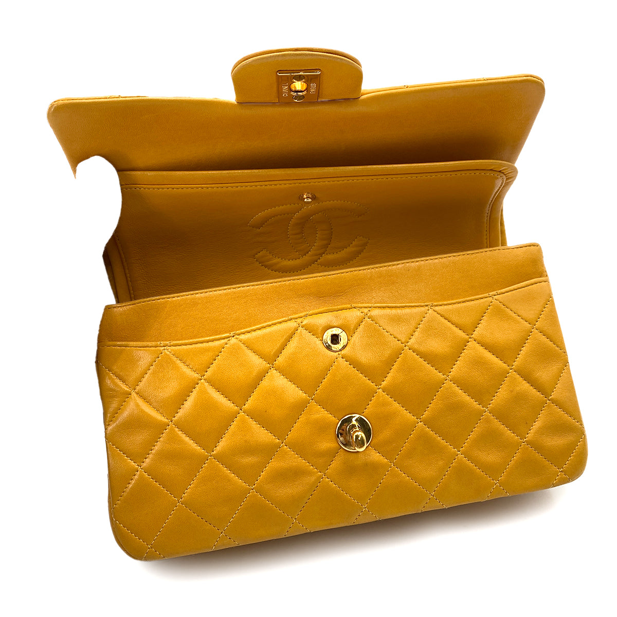 CHANEL VINTAGE CLASSIC FLAP SMALL CHAIN SHOULDER BAG YELLOW LAMB SKIN 90247320