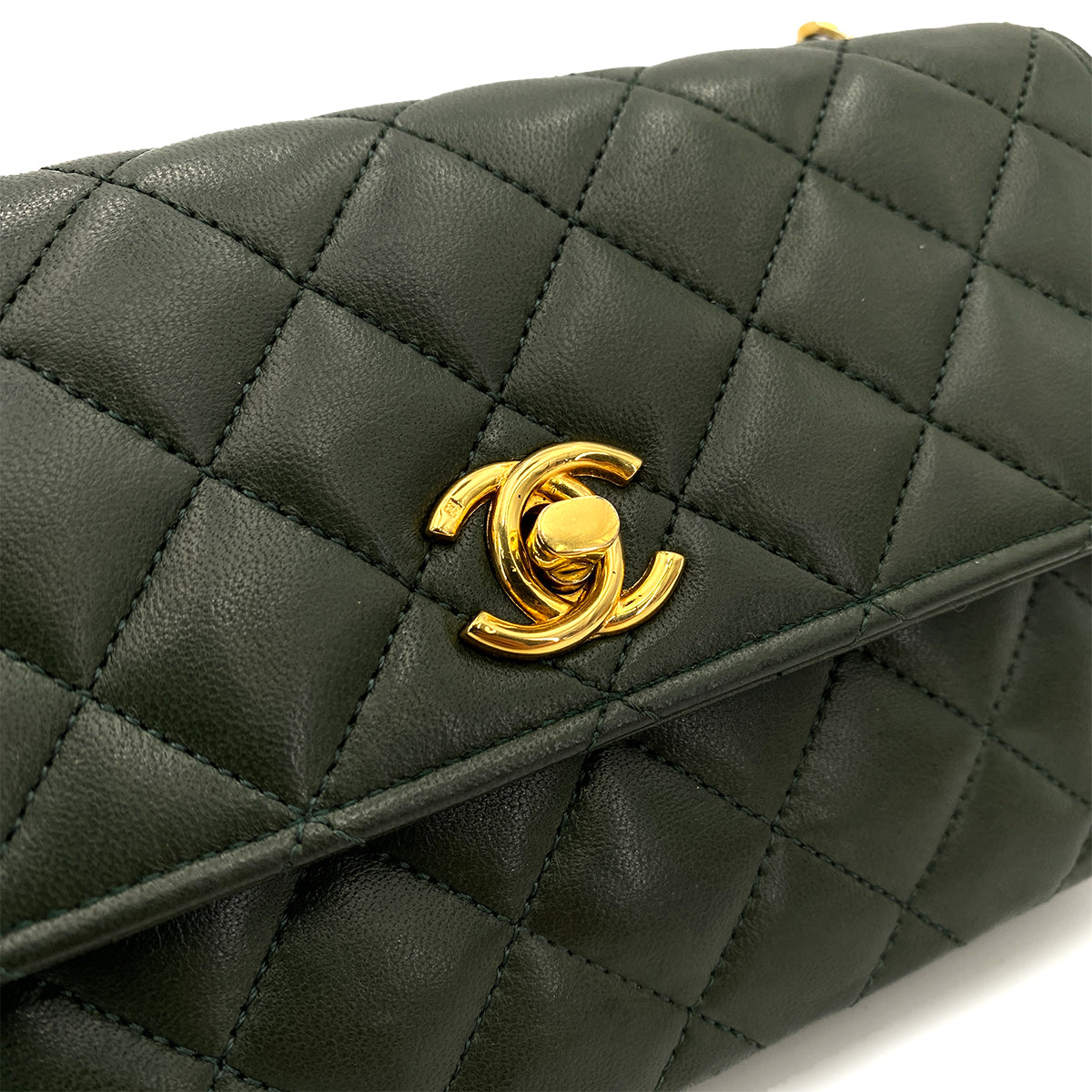 CHANEL VINTAGE MINI MATELASSE CHAIN SHOULDER BAG DARK GREEN LAMB SKIN 90247383