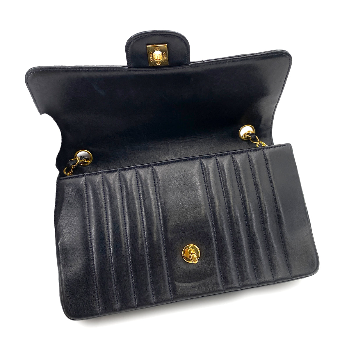 CHANEL VINTAGE MADEMOISELLE MEDIUM CHAIN SHOULDER BAG NAVY LAMB SKIN 90247996