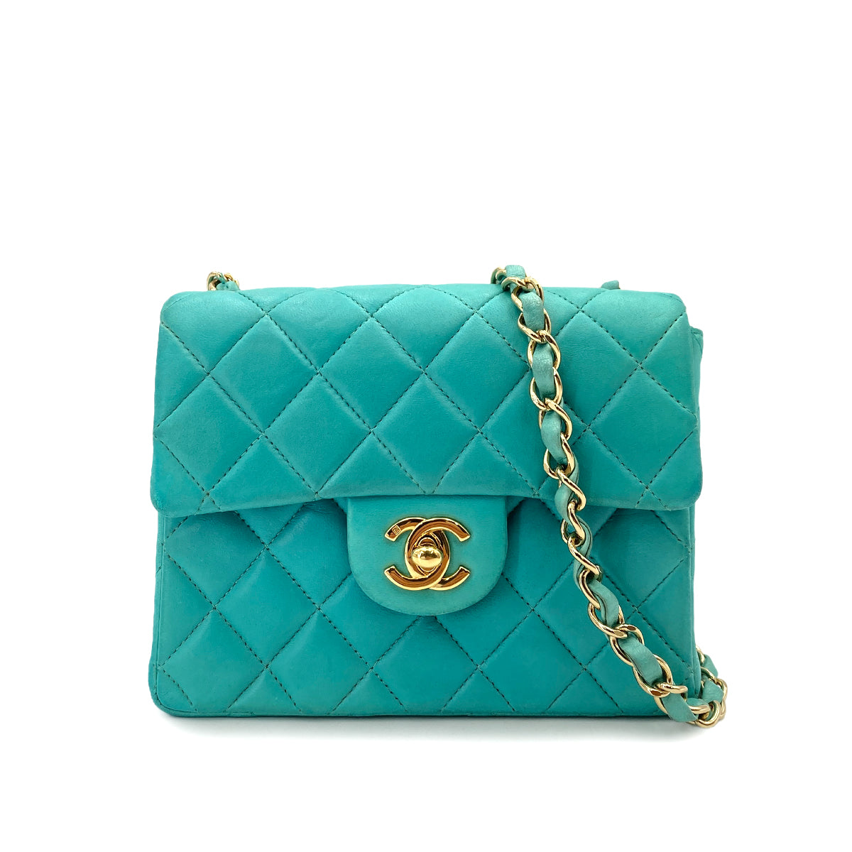 CHANEL VINTAGE MINI SQUARE 17 CHAIN SHOULDER BAG TURQUOISE BLUE LAMB SKIN 90247997