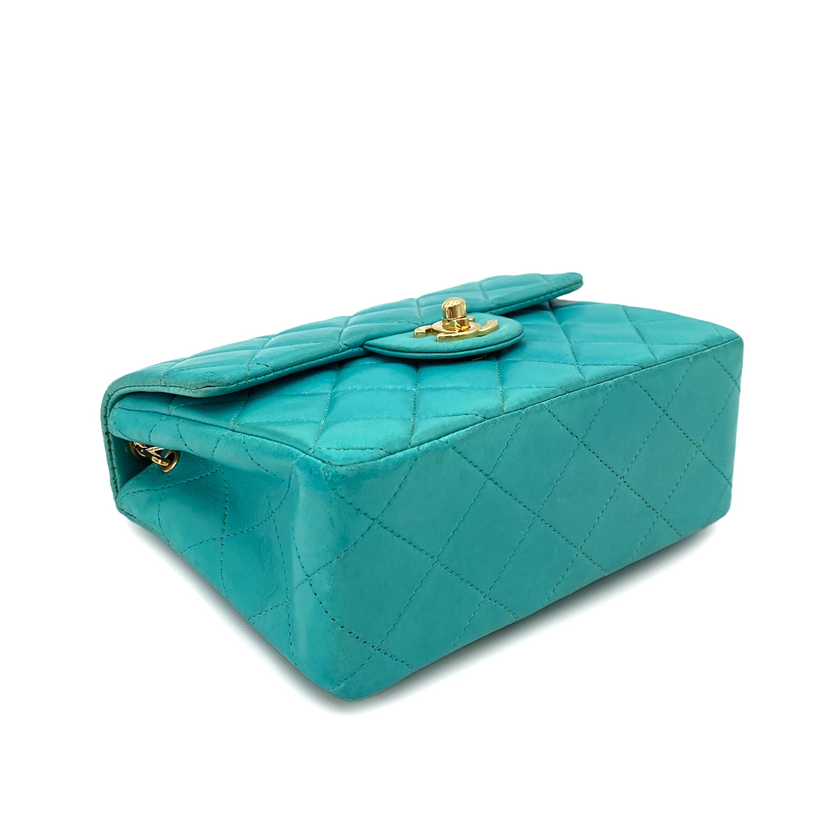 CHANEL VINTAGE MINI SQUARE 17 CHAIN SHOULDER BAG TURQUOISE BLUE LAMB SKIN 90247997