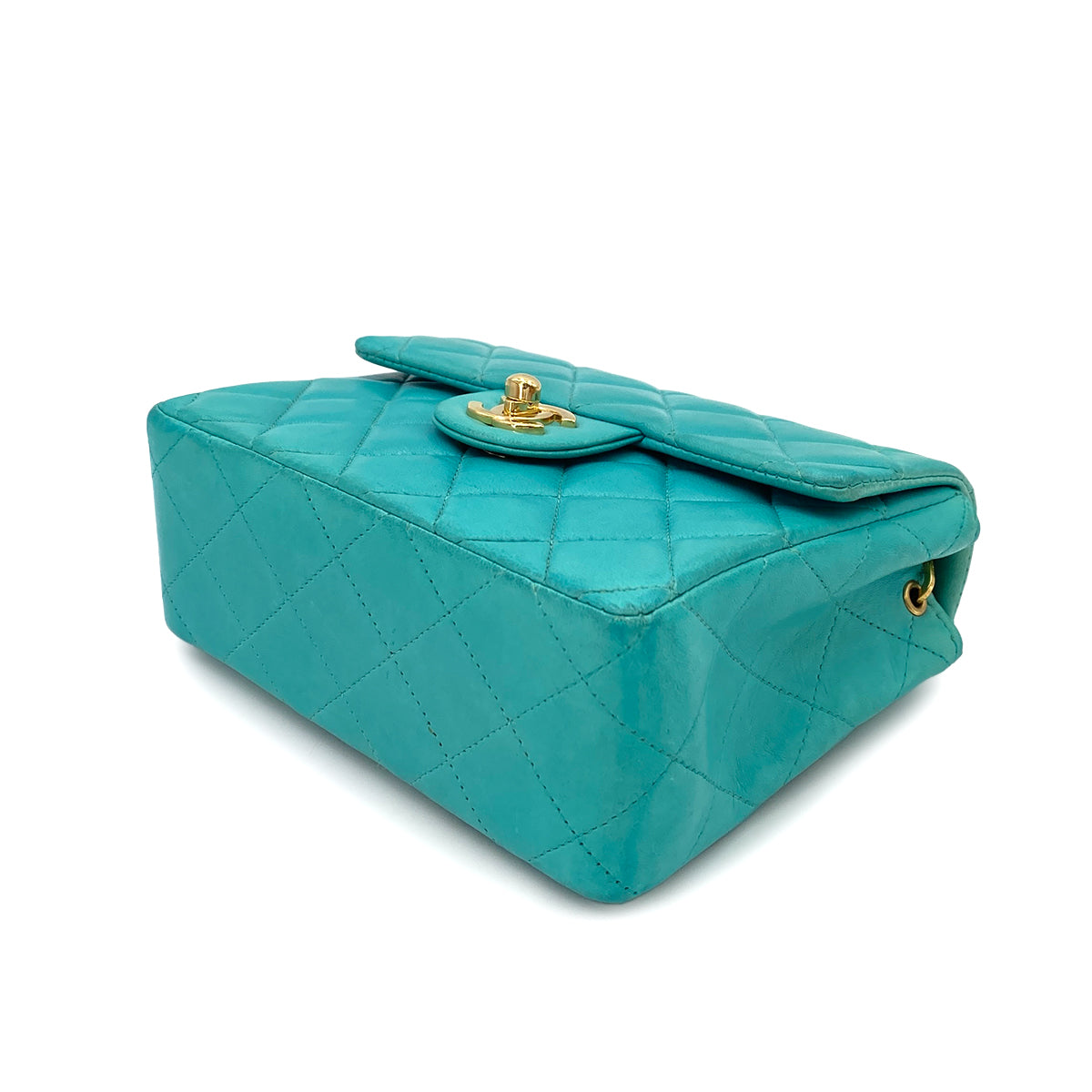 CHANEL VINTAGE MINI SQUARE 17 CHAIN SHOULDER BAG TURQUOISE BLUE LAMB SKIN 90247997