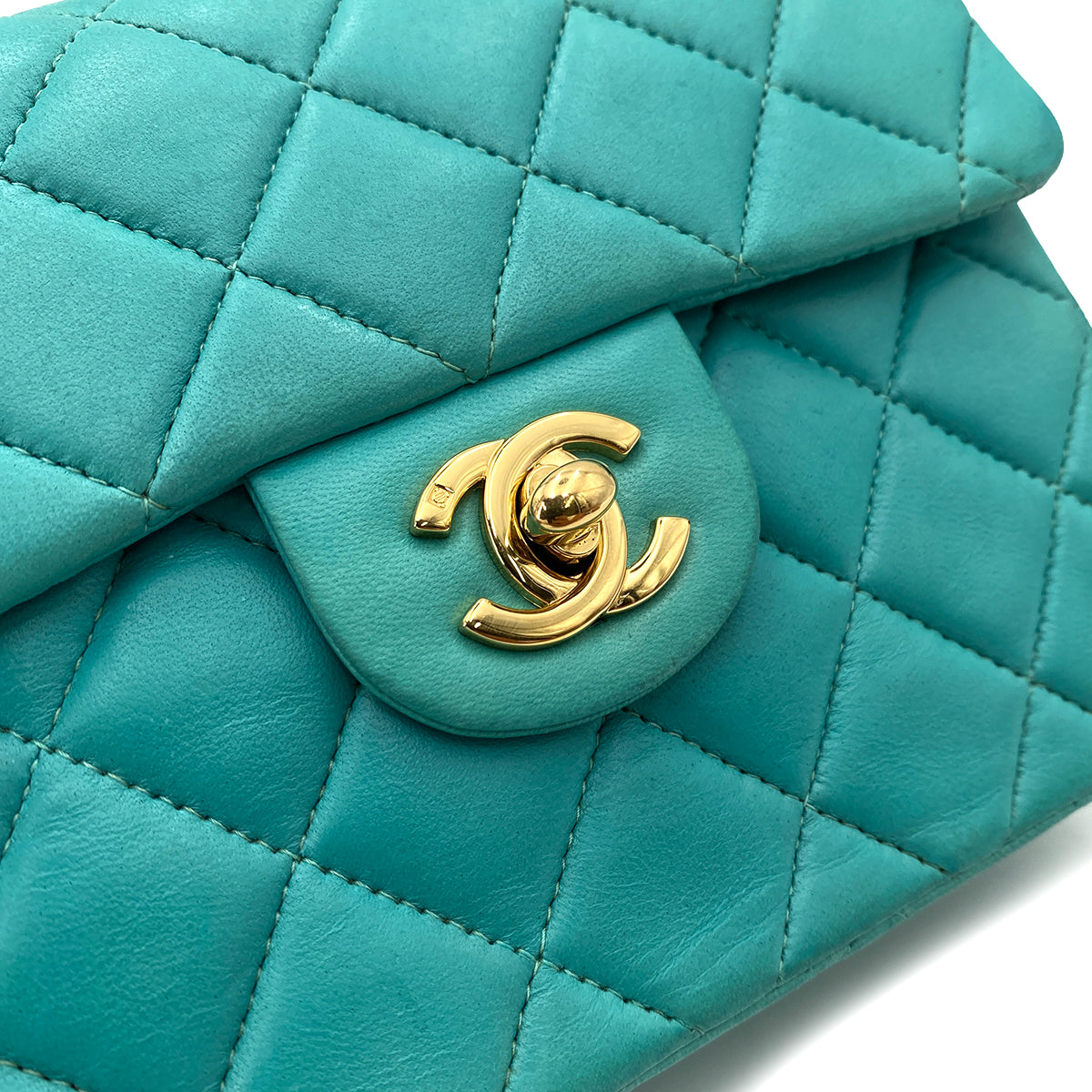 CHANEL VINTAGE MINI SQUARE 17 CHAIN SHOULDER BAG TURQUOISE BLUE LAMB SKIN 90247997