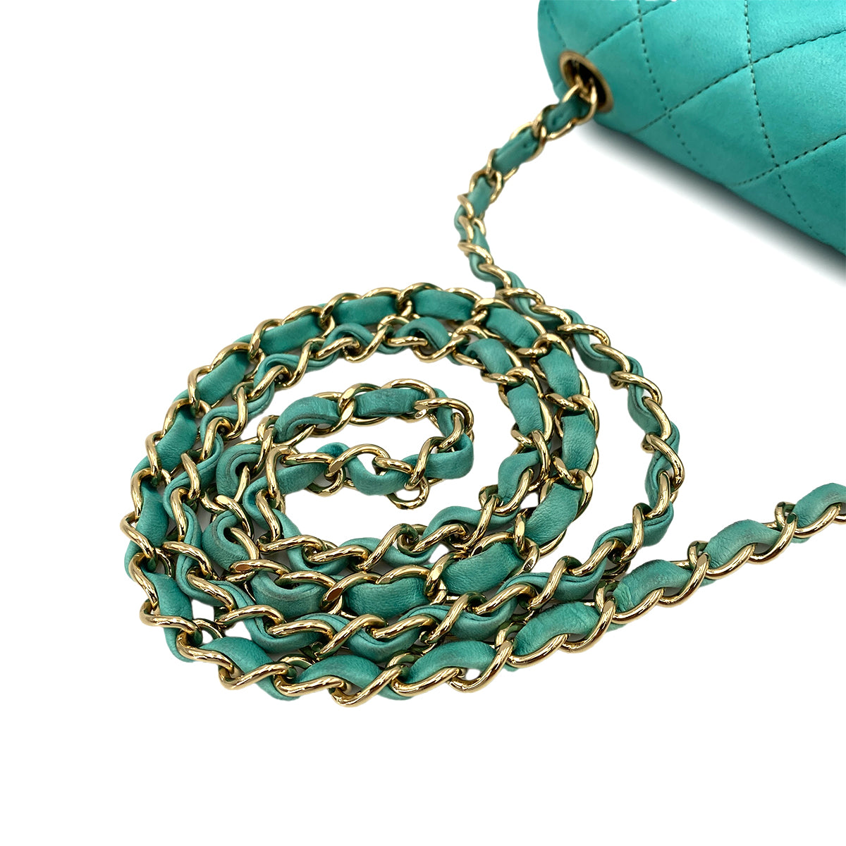 CHANEL VINTAGE MINI SQUARE 17 CHAIN SHOULDER BAG TURQUOISE BLUE LAMB SKIN 90247997