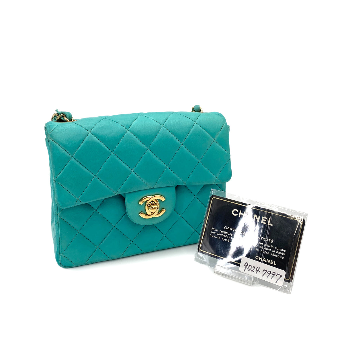 CHANEL VINTAGE MINI SQUARE 17 CHAIN SHOULDER BAG TURQUOISE BLUE LAMB SKIN 90247997