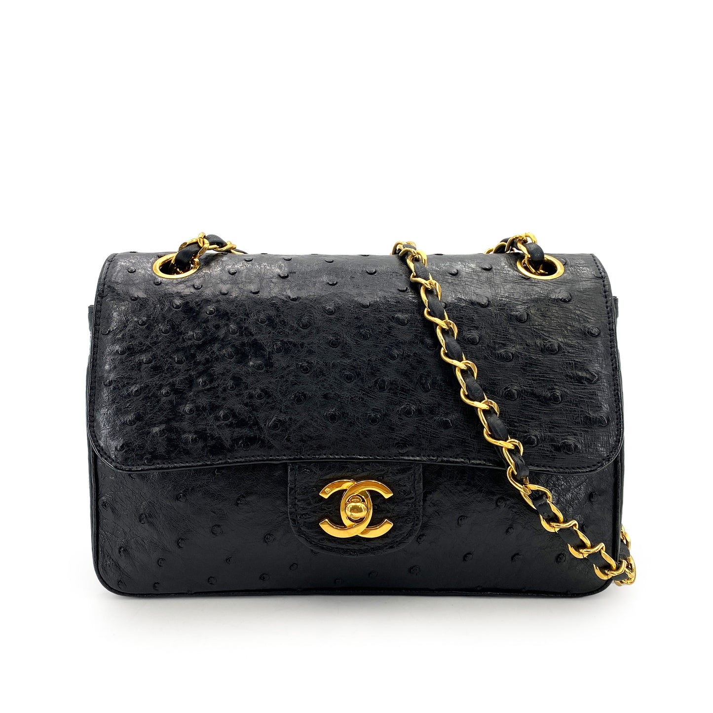 CHANEL VINTAGE DOUBLE FLAP CHAIN SHOULDER BAG BLACK OSTRICH 90248115