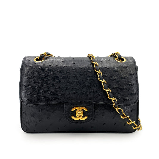 CHANEL VINTAGE DOUBLE FLAP CHAIN SHOULDER BAG BLACK OSTRICH 90248115
