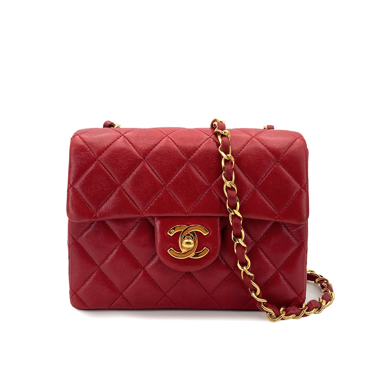 CHANEL VINTAGE MINI SQUARE 17 CHAIN SHOULDER BAG RED LAMB SKIN 90248119
