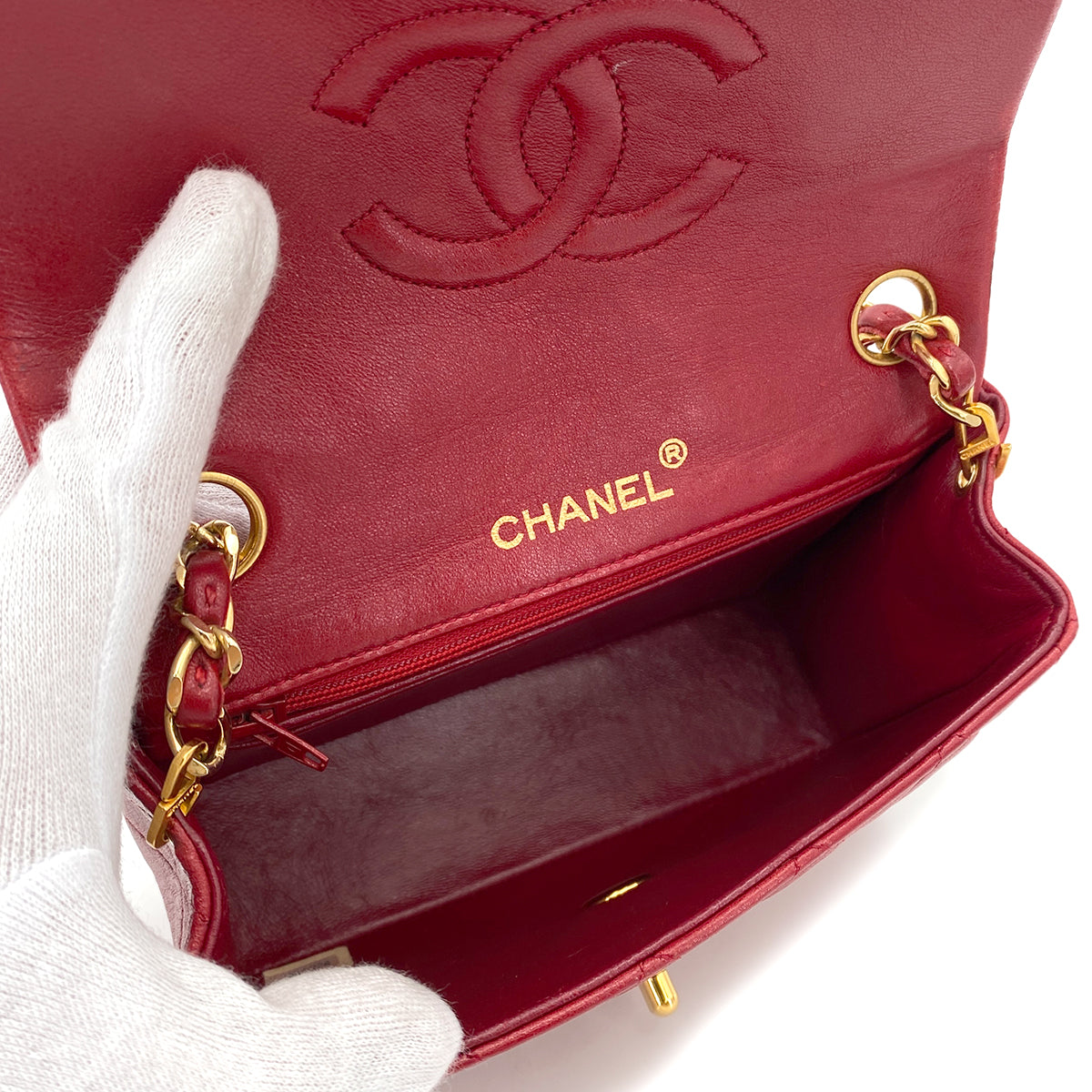 CHANEL VINTAGE MINI SQUARE 17 CHAIN SHOULDER BAG RED LAMB SKIN 90248119