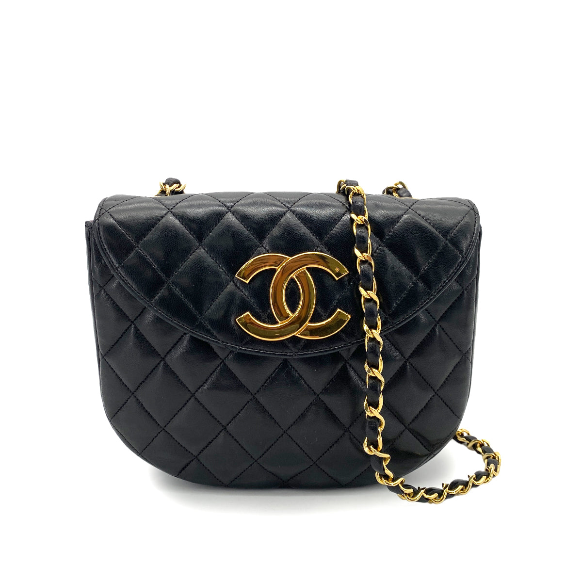CHANEL VINTAGE BIG COCO HALF MOON CHAIN SHOULDER BAG BLACK LAMB SKIN 90248123