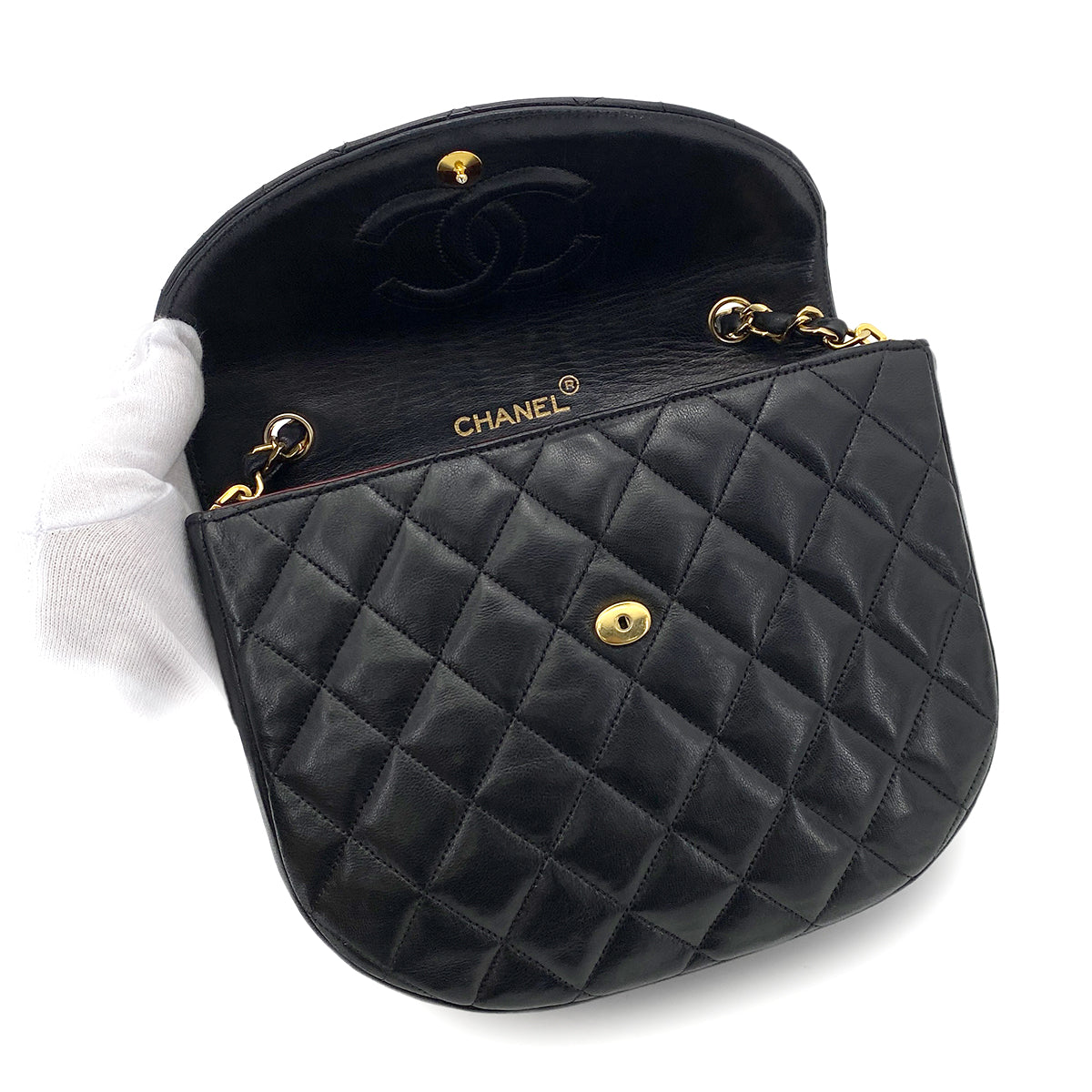 CHANEL VINTAGE BIG COCO HALF MOON CHAIN SHOULDER BAG BLACK LAMB SKIN 90248123