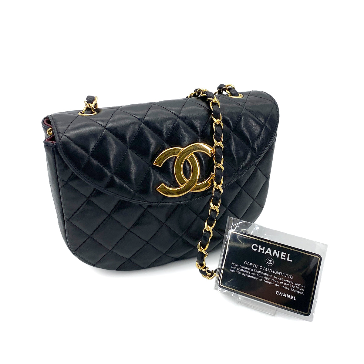 CHANEL VINTAGE BIG COCO HALF MOON CHAIN SHOULDER BAG BLACK LAMB SKIN 90248123
