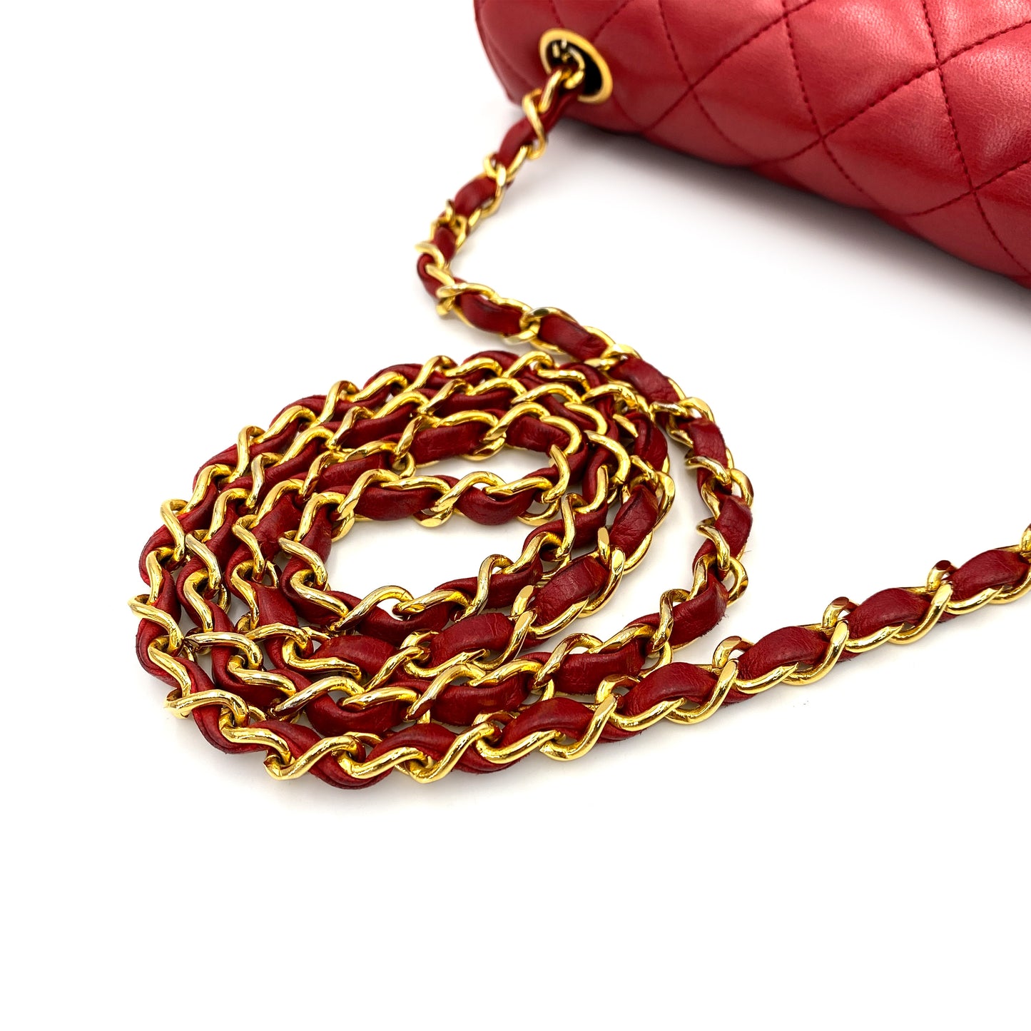 CHANEL VINTAGE HALF MOON CHAIN SHOULDER BAG RED LAMB SKIN 90248131