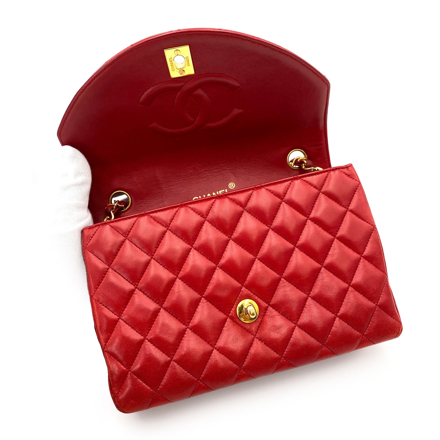 CHANEL VINTAGE HALF MOON CHAIN SHOULDER BAG RED LAMB SKIN 90248131