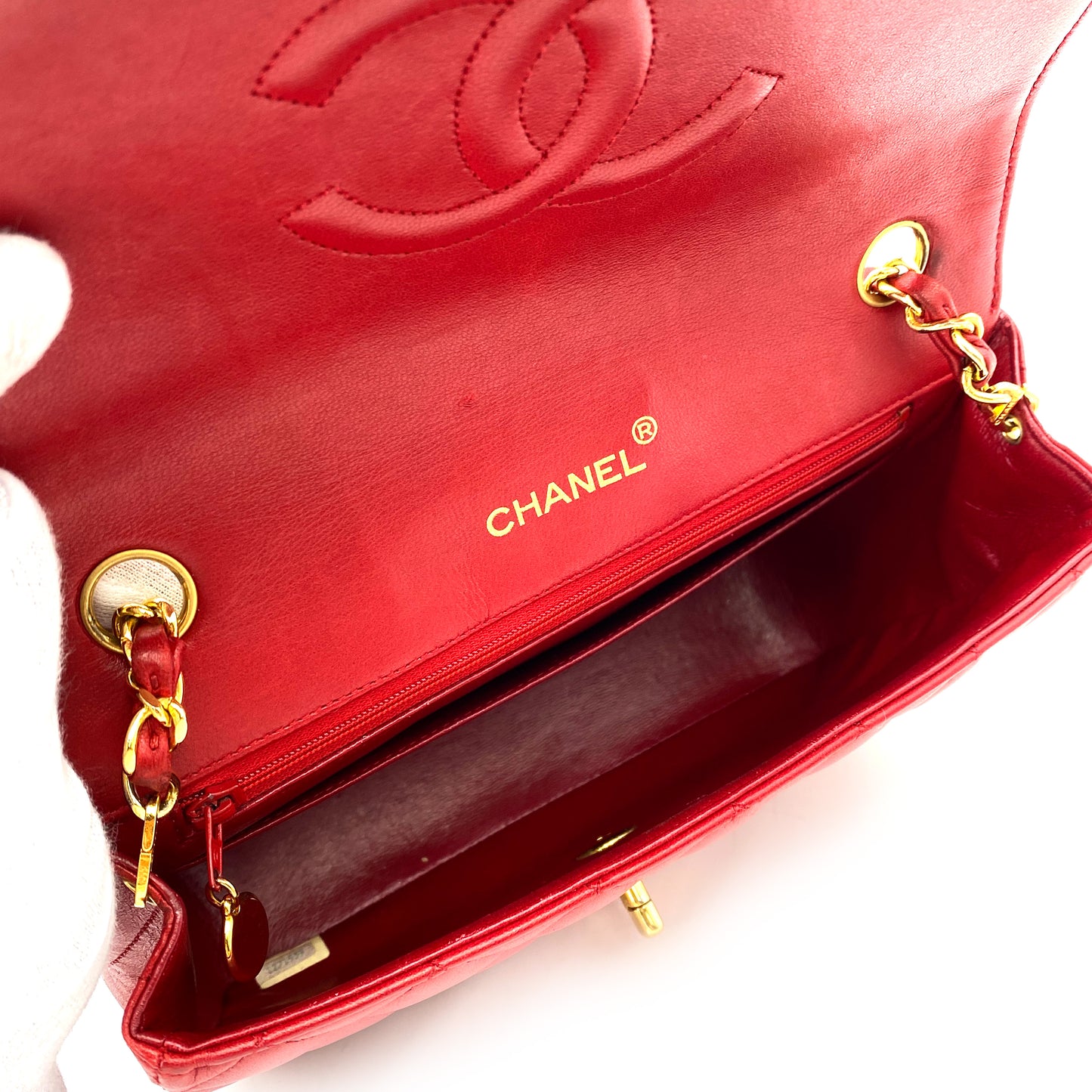 CHANEL VINTAGE HALF MOON CHAIN SHOULDER BAG RED LAMB SKIN 90248131