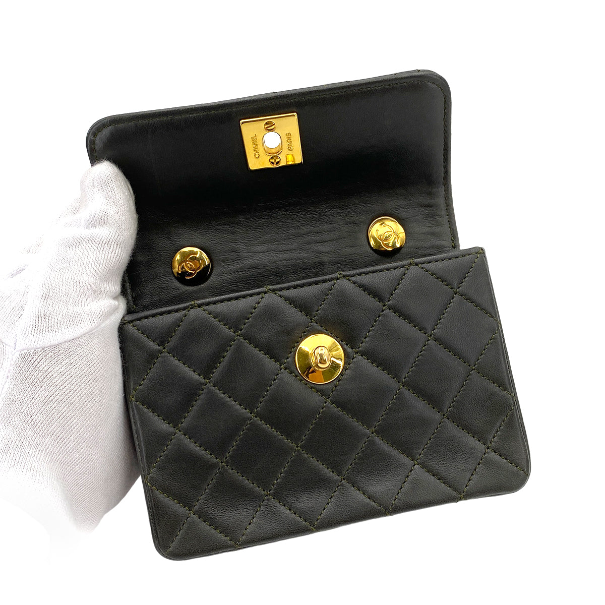 CHANEL VINTAGE MINI MATELASSE CHAIN SHOULDER BAG DARK GRAY LAMB SKIN 90248136