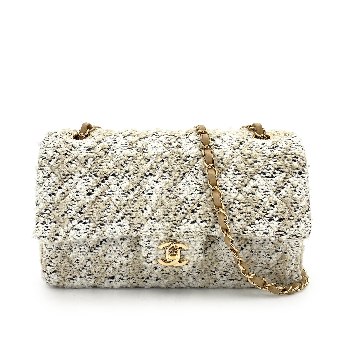 CHANEL CLASSIC FLAP MEDIUM CHAIN SHOULDER BAG WHITE BEIGE TWEED 90248365