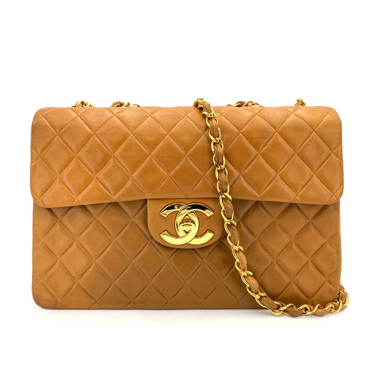 CHANEL VINTAGE MAXI MATELASSE 34 CHAIN SHOULDER BAG CAMEL LAMB SKIN 90248811