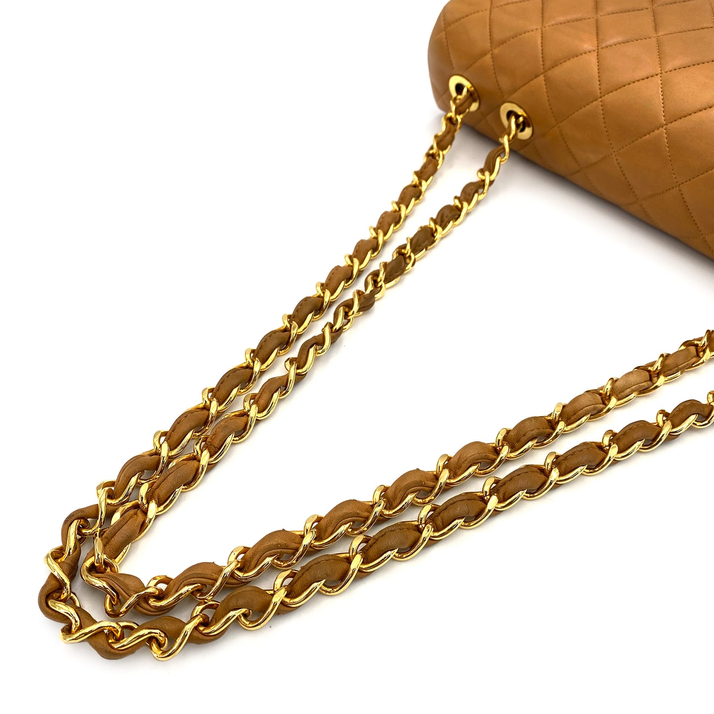 CHANEL VINTAGE MAXI MATELASSE 34 CHAIN SHOULDER BAG CAMEL LAMB SKIN 90248811