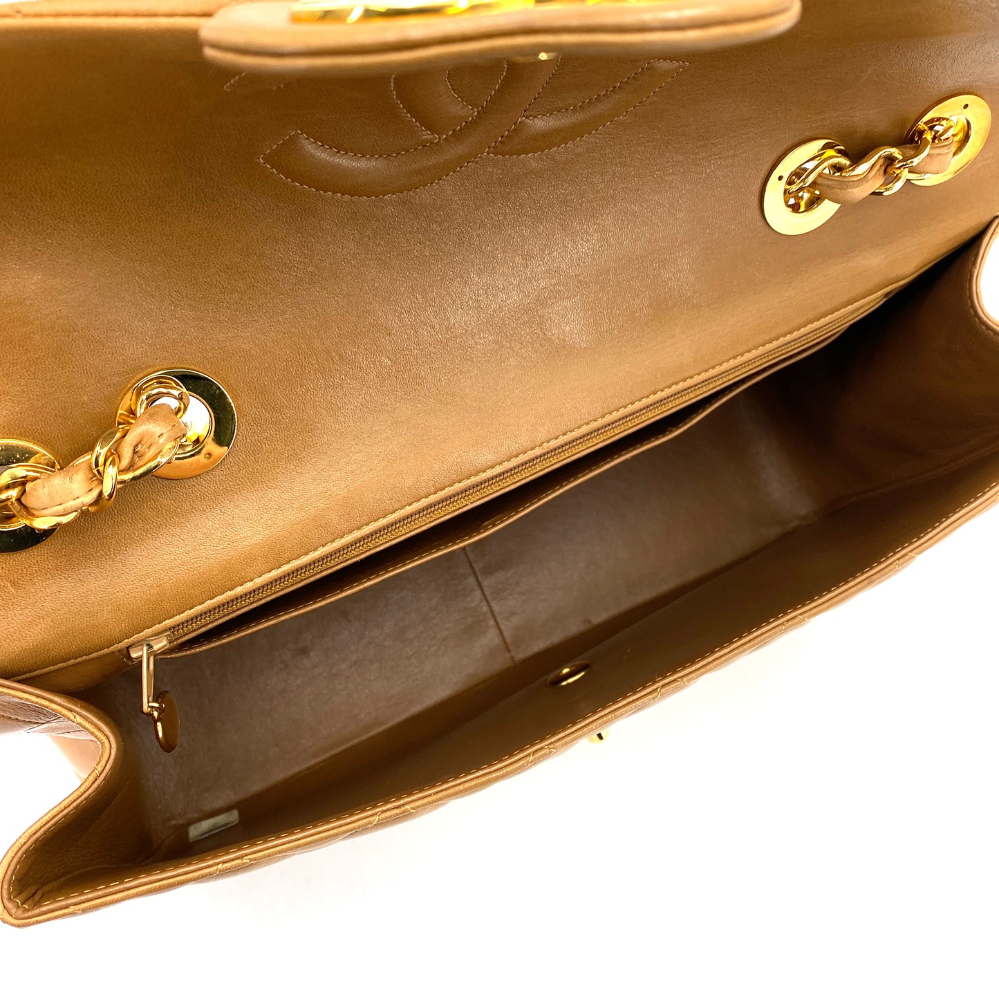 CHANEL VINTAGE MAXI MATELASSE 34 CHAIN SHOULDER BAG CAMEL LAMB SKIN 90248811