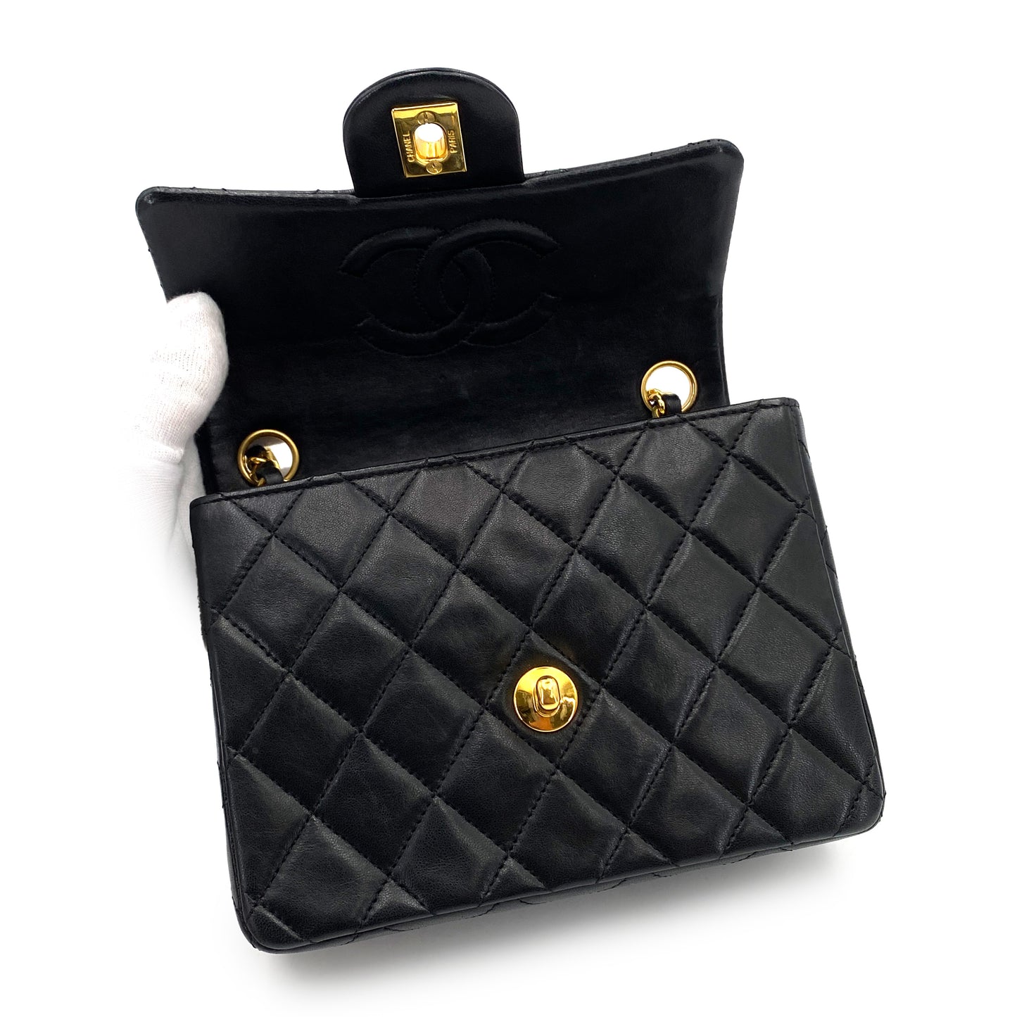 CHANEL VINTAGE MINI SQUARE 17 CHAIN SHOULDER BAG BLACK LAMB SKIN 90248822