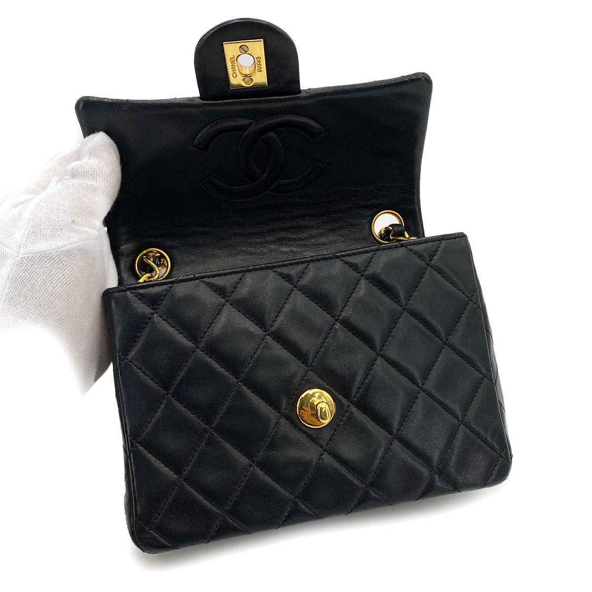 CHANEL VINTAGE MINI SQUARE 17 CHAIN SHOULDER BAG BLACK LAMB SKIN 90248829