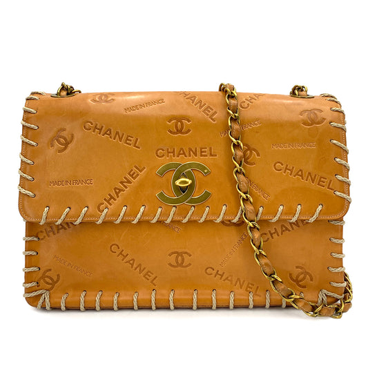 CHANEL VINTAGE MAXI 34 BIG COCO CHAIN SHOULDER BAG BEIGE LEATHER 90249032