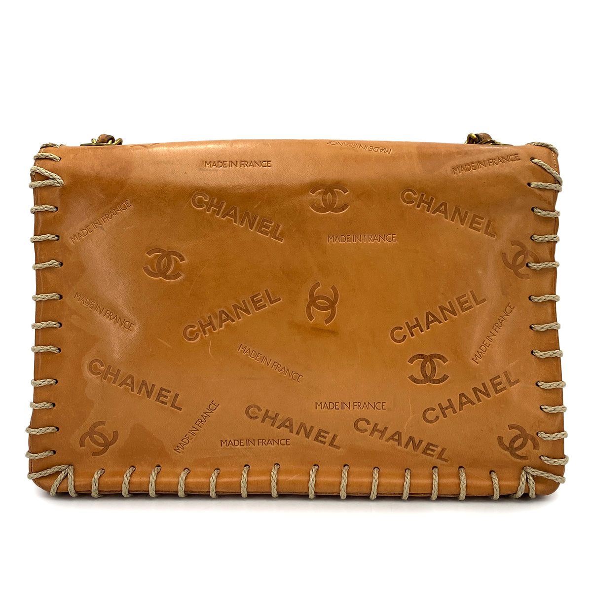 CHANEL VINTAGE MAXI 34 BIG COCO CHAIN SHOULDER BAG BEIGE LEATHER 90249032