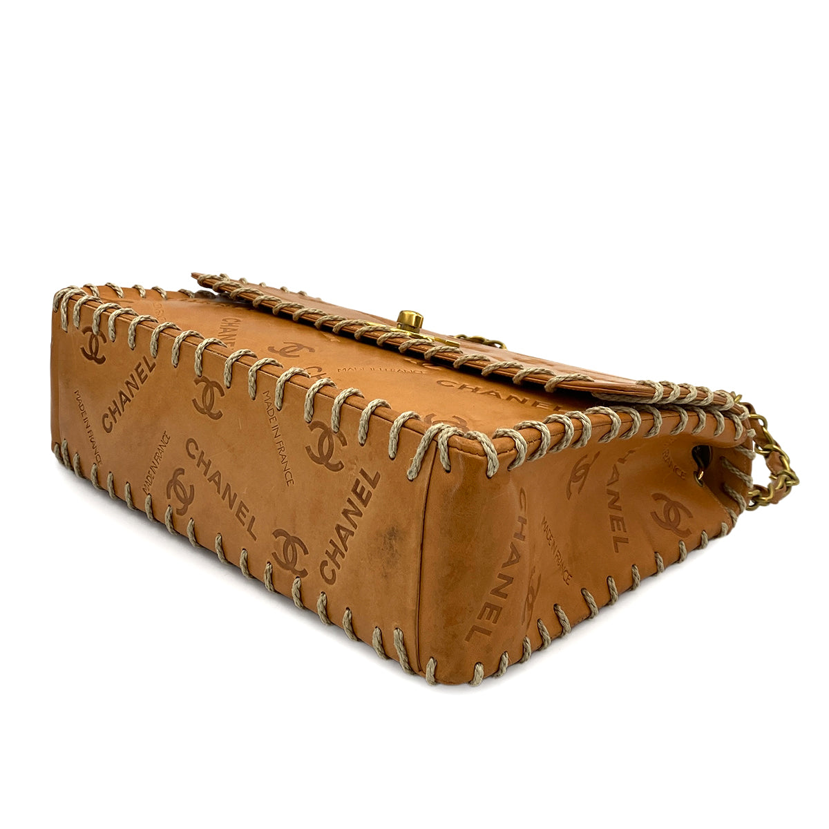 CHANEL VINTAGE MAXI 34 BIG COCO CHAIN SHOULDER BAG BEIGE LEATHER 90249032