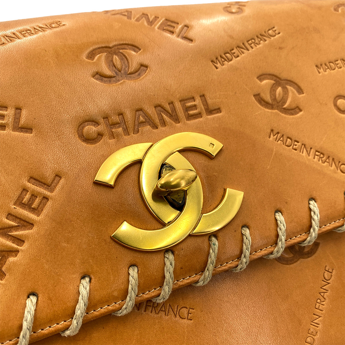 CHANEL VINTAGE MAXI 34 BIG COCO CHAIN SHOULDER BAG BEIGE LEATHER 90249032