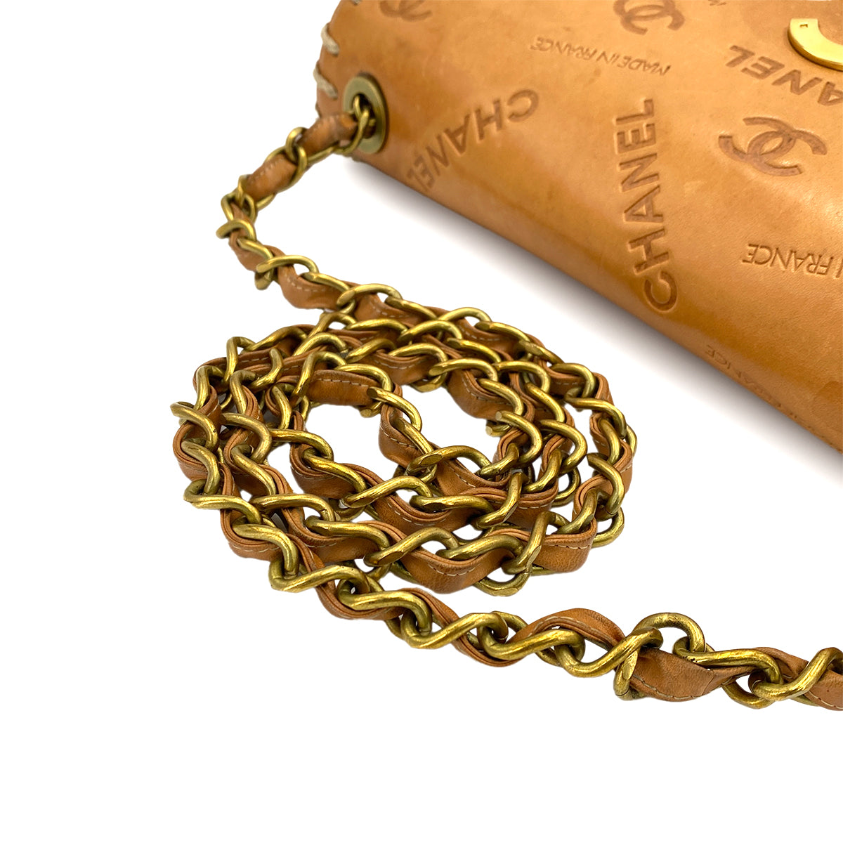 CHANEL VINTAGE MAXI 34 BIG COCO CHAIN SHOULDER BAG BEIGE LEATHER 90249032