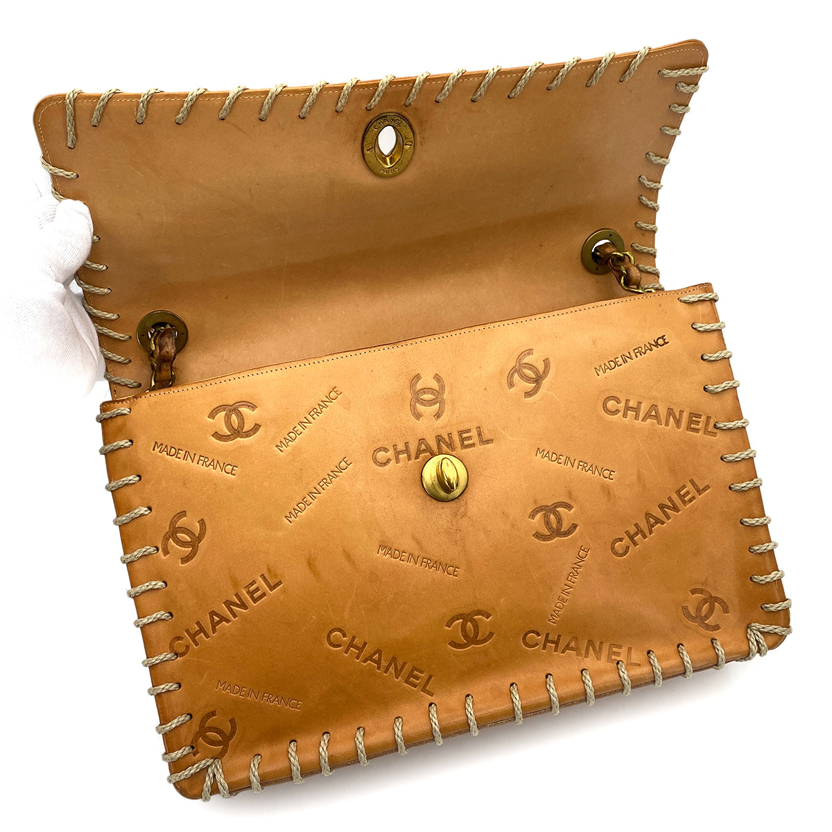 CHANEL VINTAGE MAXI 34 BIG COCO CHAIN SHOULDER BAG BEIGE LEATHER 90249032