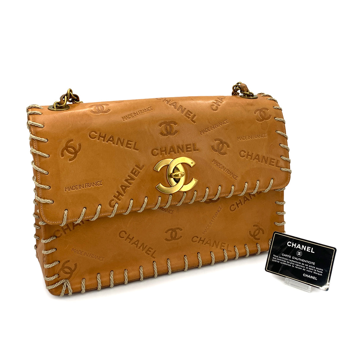 CHANEL VINTAGE MAXI 34 BIG COCO CHAIN SHOULDER BAG BEIGE LEATHER 90249032