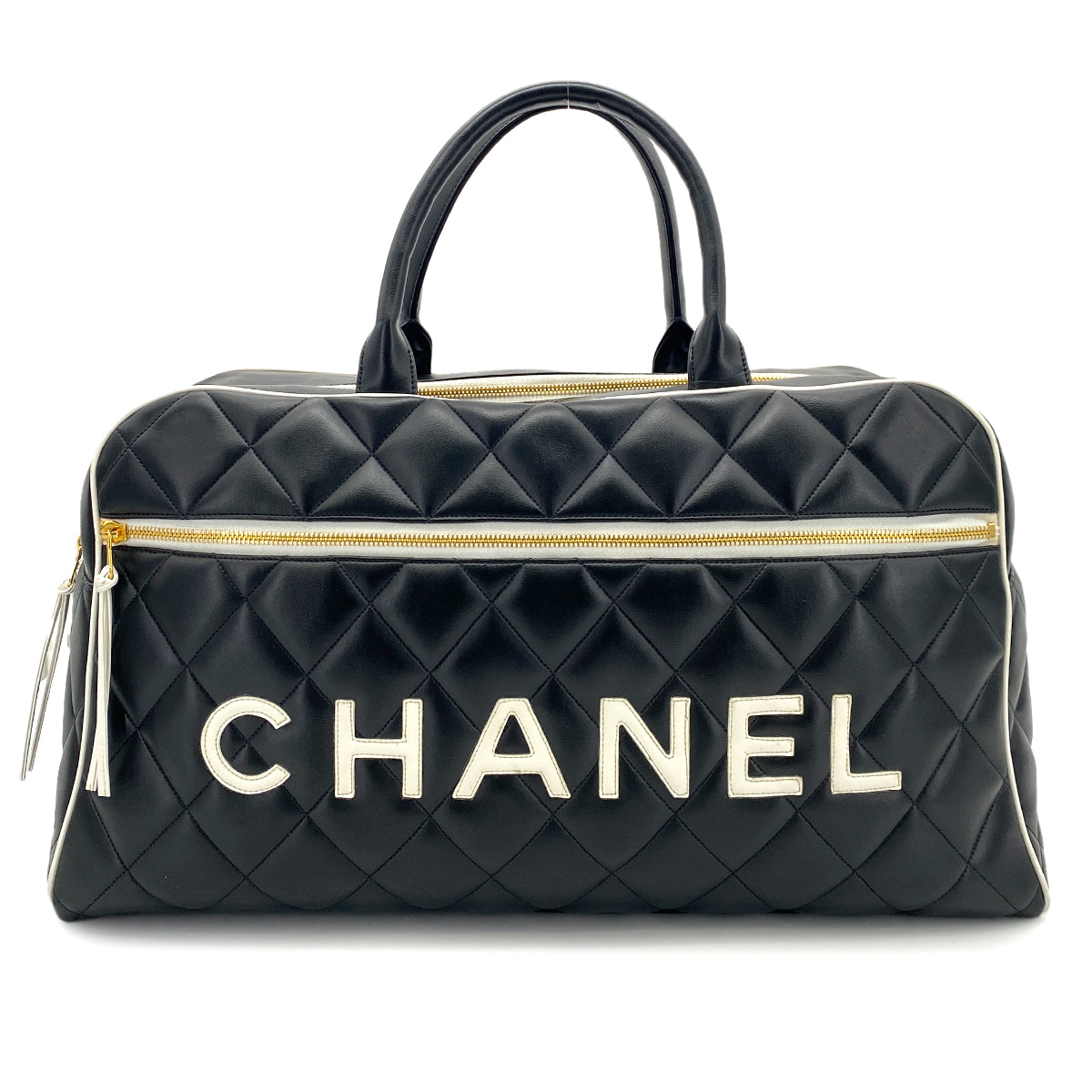 CHANEL VINTAGE MATELASSE LOGO BOSTON BAG BLACK LAMB SKIN 90249069