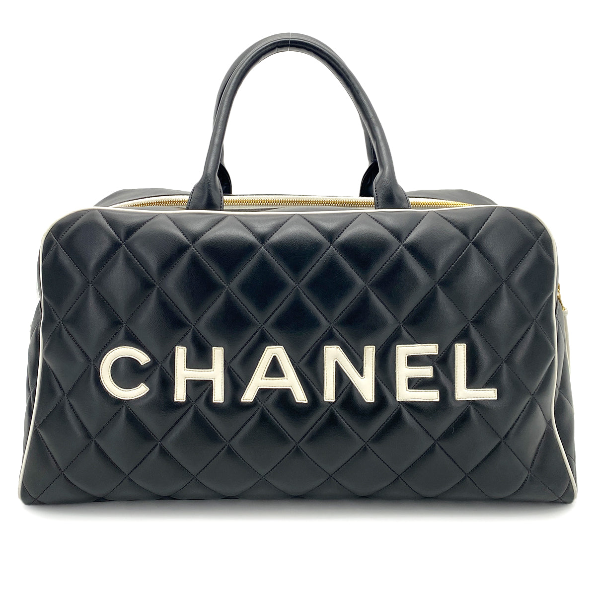 CHANEL VINTAGE MATELASSE LOGO BOSTON BAG BLACK LAMB SKIN 90249069