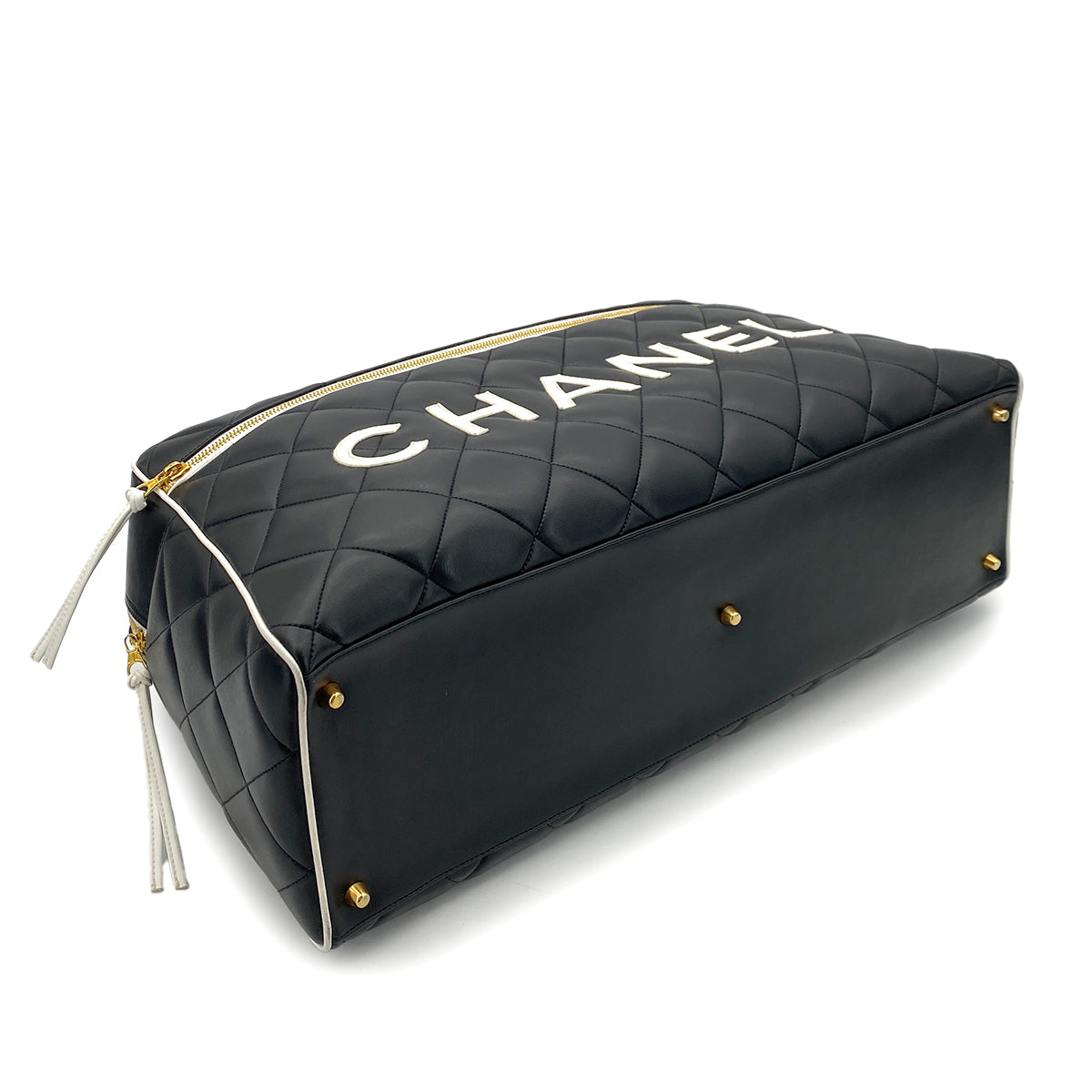 CHANEL VINTAGE MATELASSE LOGO BOSTON BAG BLACK LAMB SKIN 90249069