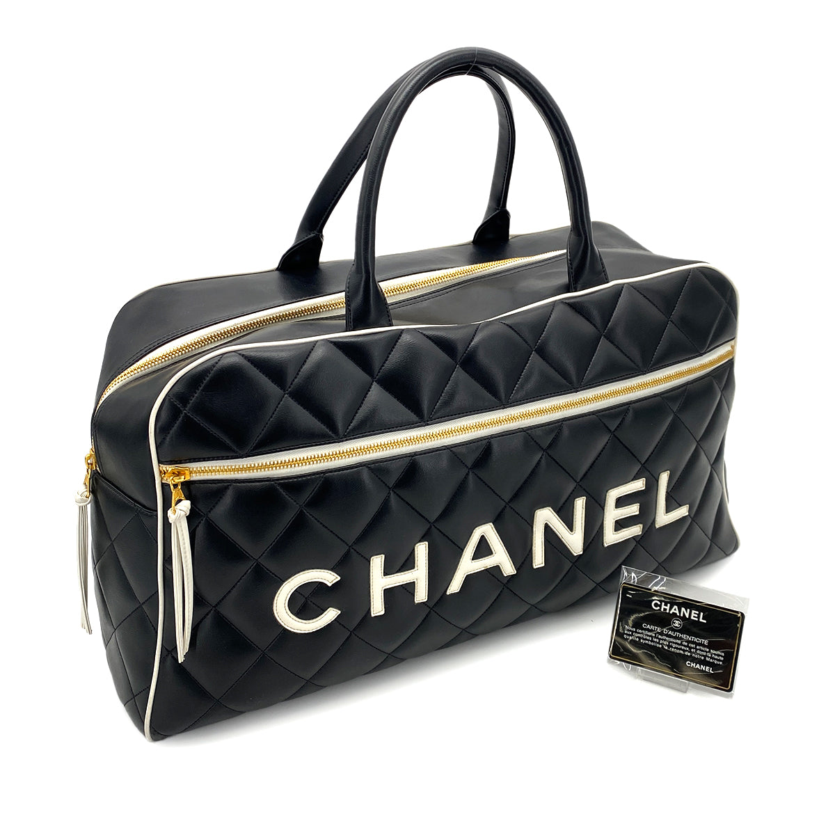 CHANEL VINTAGE MATELASSE LOGO BOSTON BAG BLACK LAMB SKIN 90249069
