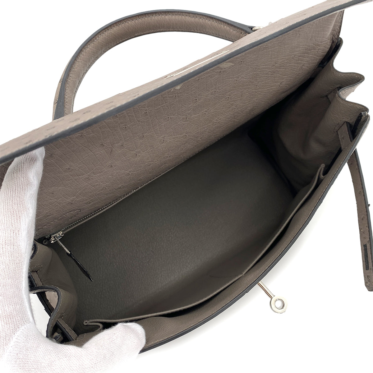 HERMES KELLY 32 RETOURNE GRAY TYPE OSTRICH HAND SHOULDER BAG □M 90249810