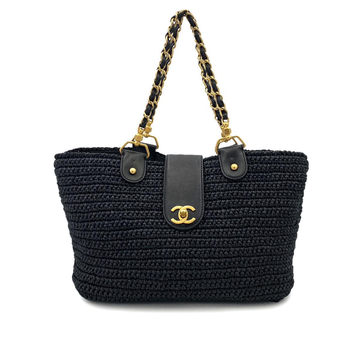CHANEL VINTAGE CHAIN TOTE BAG NAVY RAFFIA 90249817