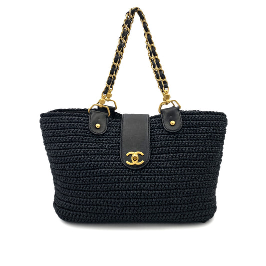 CHANEL VINTAGE CHAIN TOTE BAG NAVY RAFFIA 90249817