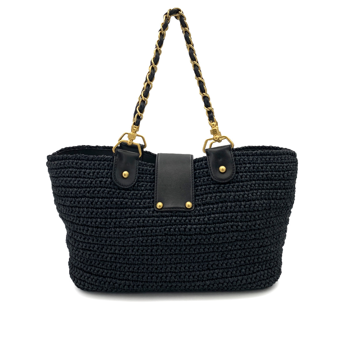 CHANEL VINTAGE CHAIN TOTE BAG NAVY RAFFIA 90249817