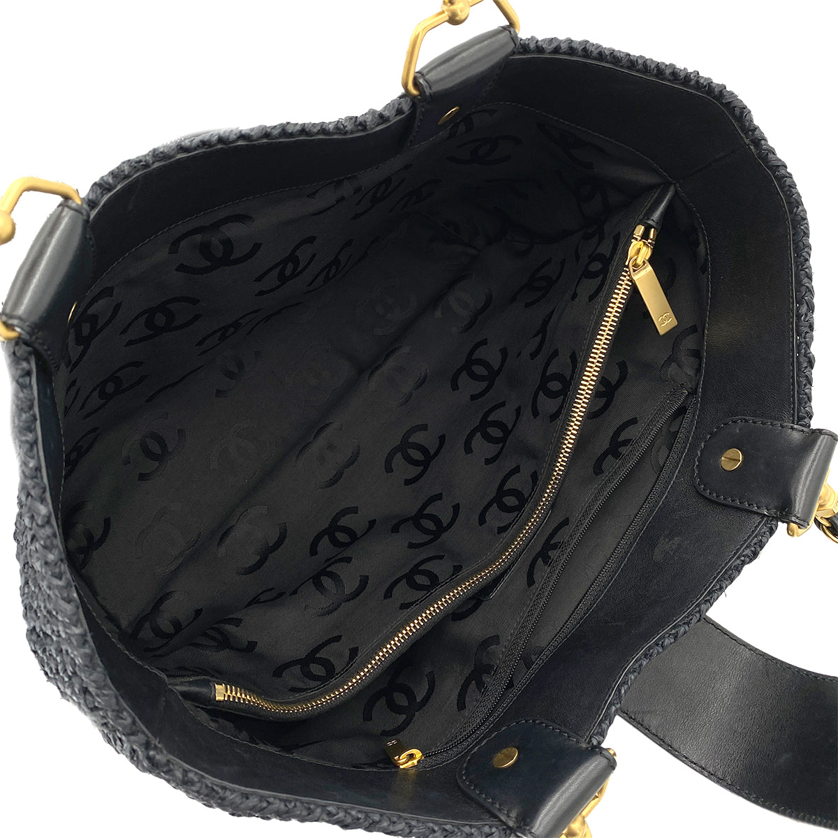 CHANEL VINTAGE CHAIN TOTE BAG NAVY RAFFIA 90249817