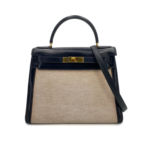 HERMES KELLY 28 SELLIER NAVY BOX CALF TOILE H HAND SHOULDER BAG 〇C 90249821 - PURPOSE
